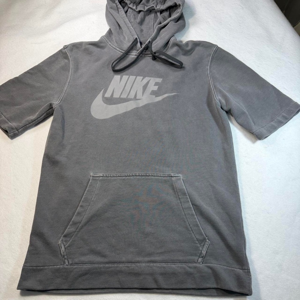 Nike Washed Gray Short Sleeve Hoodie Big Swoosh Pullover Mens Small